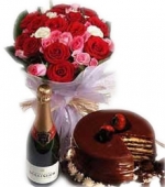 Make Up Her Mood 24 Roses 1 Kg Chocolate Cake Champagne / Wine