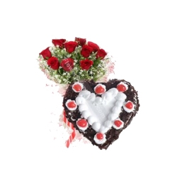 Red rose With Heart Shape Black Forest Cake