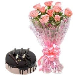 10 Pink Roses And Chocolate Cake Combo