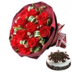 12 red rose with black forest cake