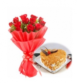 Red Roses & Heart Shape Butterscotch Cake