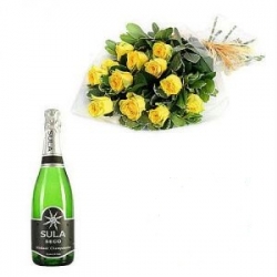 Yellow Roses N Champagne Bottle