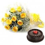 5 Yellow Roses With Chocolate Cake