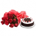 10 Red Rose N Black Forest Cake