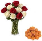 Red N White Roses With Motichur Laddu