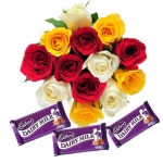 Colorful Surprise 12 Roses & 3 Dairy milk chocolates