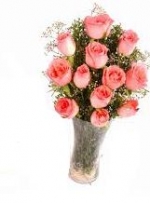12 Pink Roses In Vase