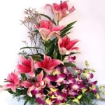Graceful Purple Orchids Liliums Basket