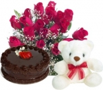 Heartful wishes 10 Red Roses, 6 Inches Teddy & 1/2 Kg Chocolate Cake