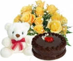 Yellow Desire 10 Roses Teddy & 1/2 Kg Chocolate Cake